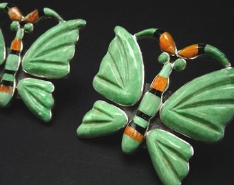 FEDERICO JIMENEZ Sterling Silver TURQUOISE Orange Spiny Butterfly Earrings Clip On