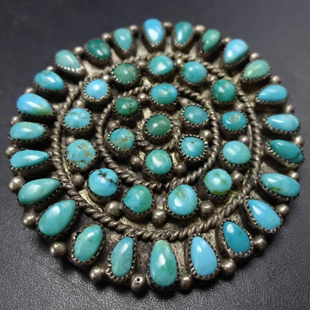 Vintage ZUNI Sterling Silver SNAKE Eye TURQUOISE Petit Point Pin