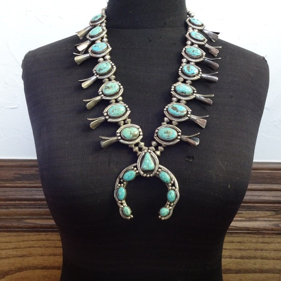 Old TURQUOISE SQUASH BLOSSOM Necklace Handmade St… - image 5