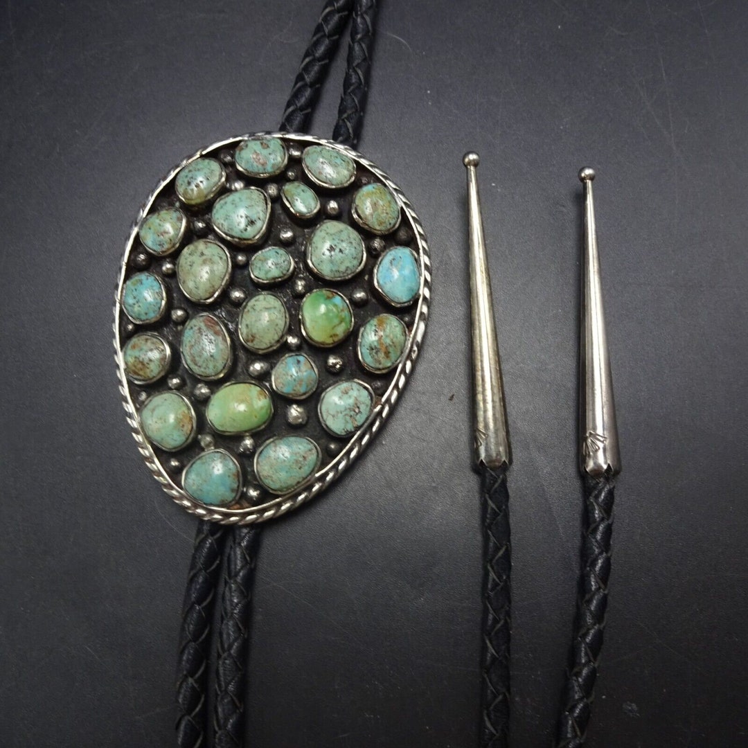 Vintage NAVAJO Sterling Silver TURQUOISE Cluster BOLO Tie, Leather Cord ...