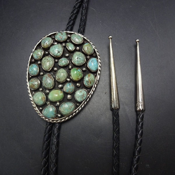 Vintage NAVAJO Sterling Silver TURQUOISE Cluster BOLO Tie, Leather Cord 925 Tips