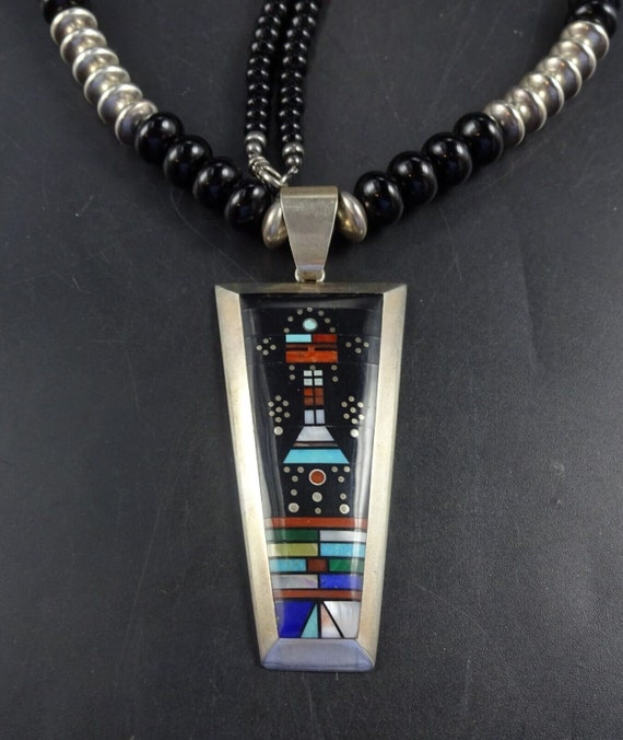 NAVAJO Jim Harrison KACHINA Inlay PENDANT Sterling Silver Jet
