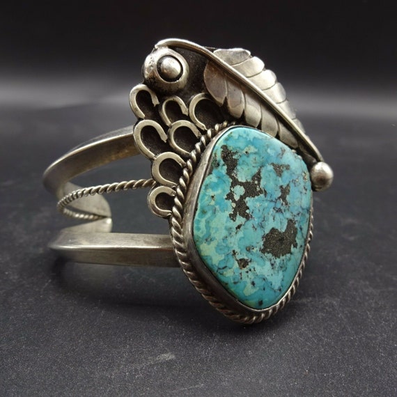Heavy Vintage Sterling Silver and TURQUOISE Cuff … - image 4