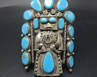 Huge OUTSTANDING Vintage Sterling Silver TURQUOISE Kachina Cuff Bracelet