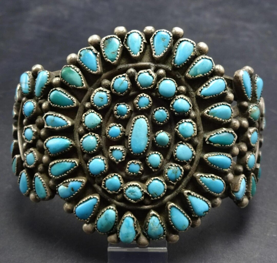 Old 1930s TURQUOISE CLUSTER Sterling Silver Cuff BRACELET Vintage Pawn ...