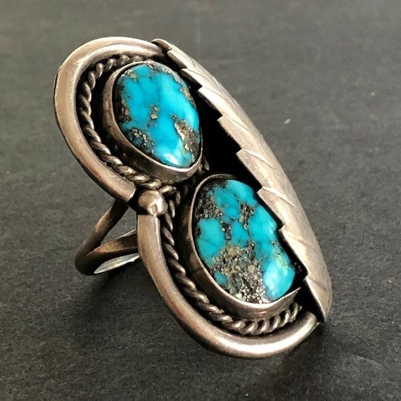 Majestic Vintage Native American Navajo Morenci Turquoise Sterling Silver Ring Majestic Vintage Native American Navajo Morenci Turquoise Sterling Silver Ring