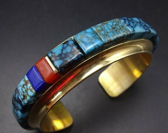 Rare Victor BECK SR Navajo 14K Gold Webbed TURQUOISE Coral Inlay Cuff Bracelet