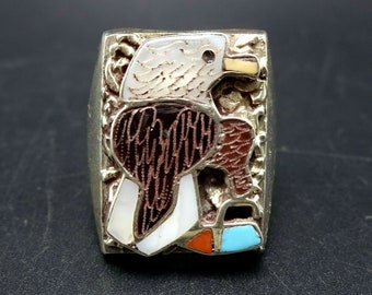 Vintage Heavy Gauge Sterling Silver EAGLE INLAY Signet Ring