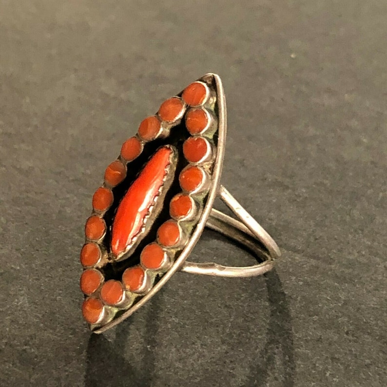 Vintage ZUNI Sterling Silver Old RED MEDITERRANEAN Coral Flat Inlay Ring sz 8.25