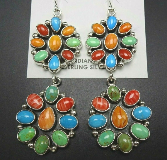 Gigantic Navajo Needle Coral Sterling Silver Native American Earrings Gigantic Navajo Needle Coral Sterling Silver Native American Earrings
