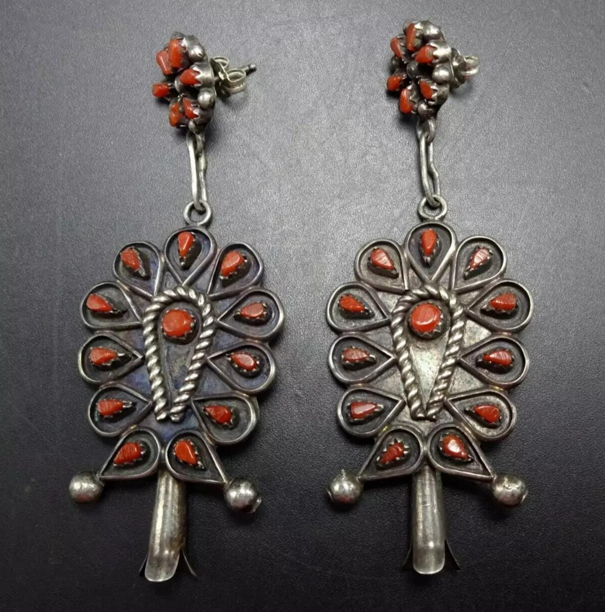 ILoveArizona♡Navajo＆Karen♡Antiqueシルバーピアス TOM LONG Navajo VINTAGE Sterlingsilver Old Red Med Coral Squash