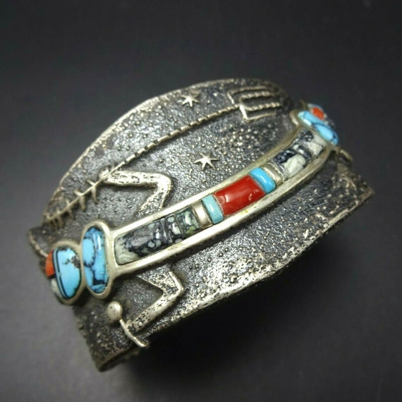 Thick And Heavy!! Vintage Native American Jewelry Navajo Inlay Coral Sterling Silver Animal Bracelet Thick And Heavy!! Vintage Native American Jewelry Navajo Inlay Coral Sterling Silver Animal Bracelet