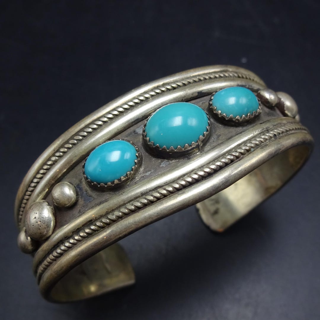 OLD PAWN Sterling Silver Turquoise Cuff BRACELET Clean Lines and ...