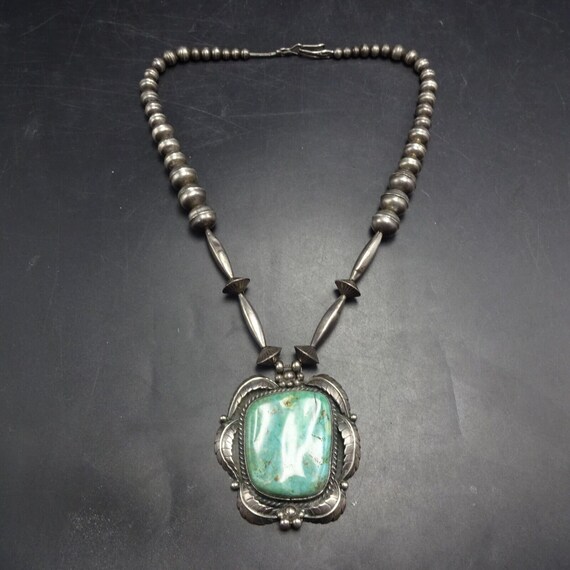 Vintage 70s Navajo Sterling Silver & Turquoise Pendant Necklace by Emers
