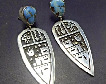 Joseph De Vern Coriz SDP Kewa EARRINGS with Golden Hill Turquoise Sterling 14K