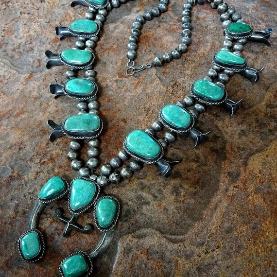 Native American Jewelry Rare 1940's Vintage Navajo Turquoise Sterling Silver Squash Blossom Necklace Old Native American Jewelry Rare 1940's Vintage Navajo Turquoise Sterling Silver Squash Blossom Necklace Old