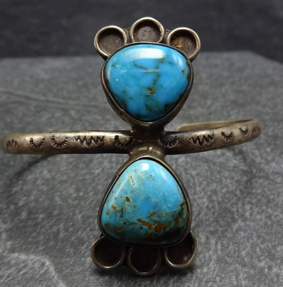 Fine Old 1930s TURQUOISE Hand Stamped Sterling Silver Cuff BRACELET ...