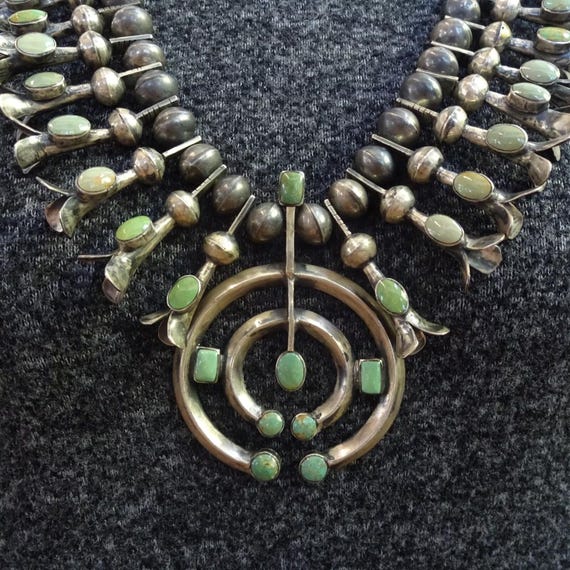 Old Pawn Coin Silver GREEN TURQUOISE Double Naja Squash Blossom NECKLACE Vintage View 2