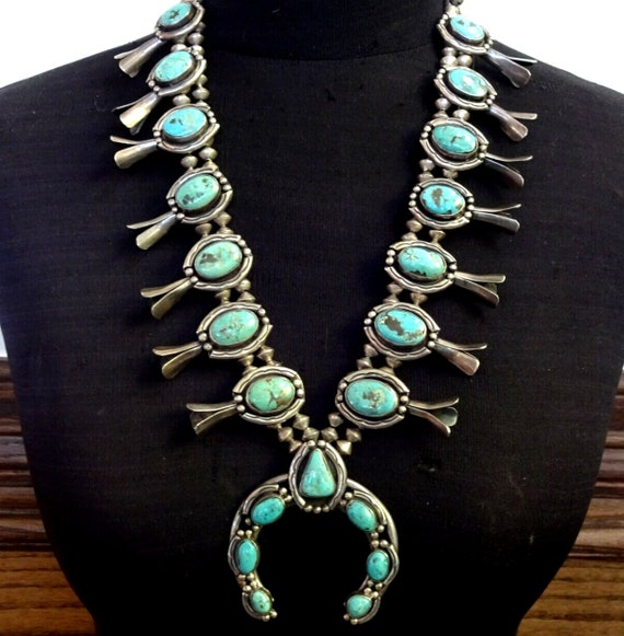 Old TURQUOISE SQUASH BLOSSOM Necklace Handmade St… - image 1
