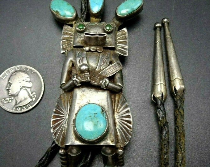Helen LONG Vintage Navajo Sterling Silver TURQUOISE Kachina BOLO Tie ...