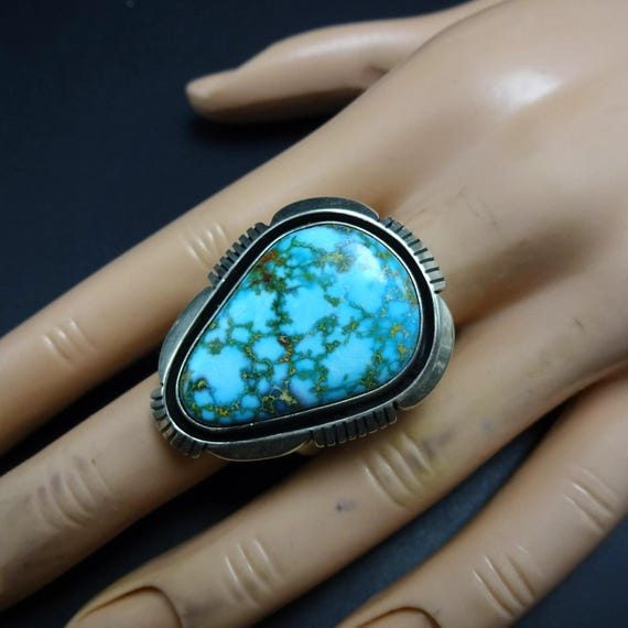 Big COOPER WILLIE Navajo Webbed Kingman TURQUOISE Sterling Silver Ring size 8.5 View 3