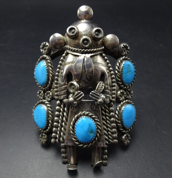Thicker Native American Navajo Turquoise Long Kachina Sterling Silver Bracelet Thicker Native American Navajo Turquoise Long Kachina Sterling Silver Bracelet
