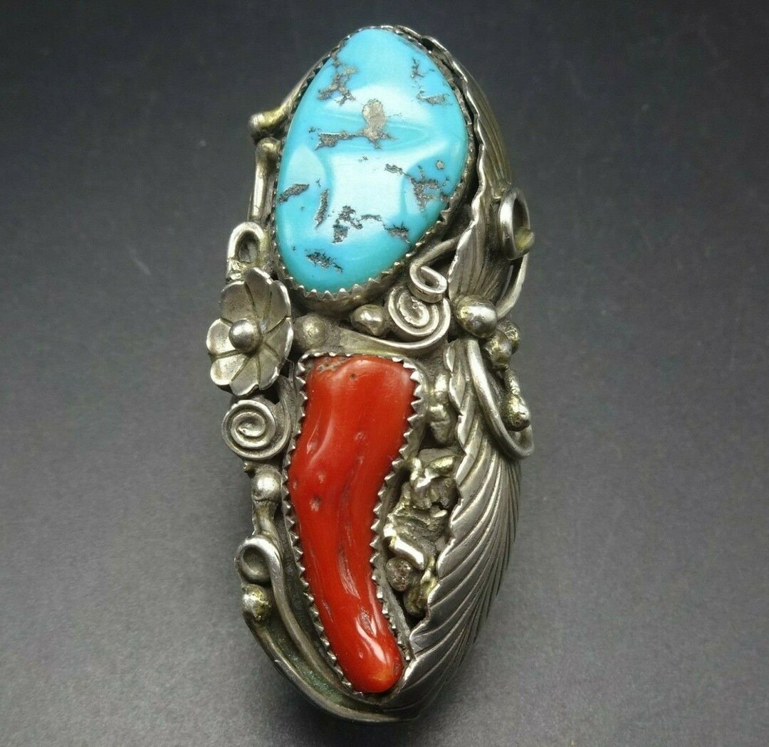 Huge Navajo Sterling Silver Red MED CORAL and KINGMAN Turquoise Ring ...