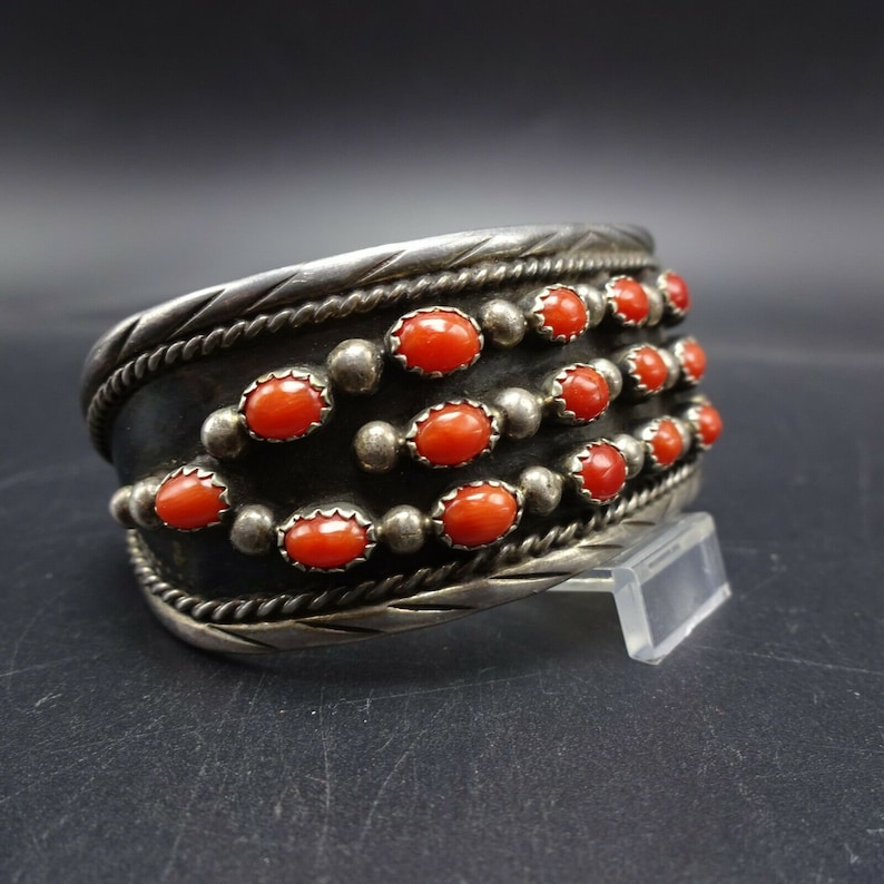 Vintage NAVAJO Sterling Silver Red CORAL Cuff BRACELET Dark Oxidized ...