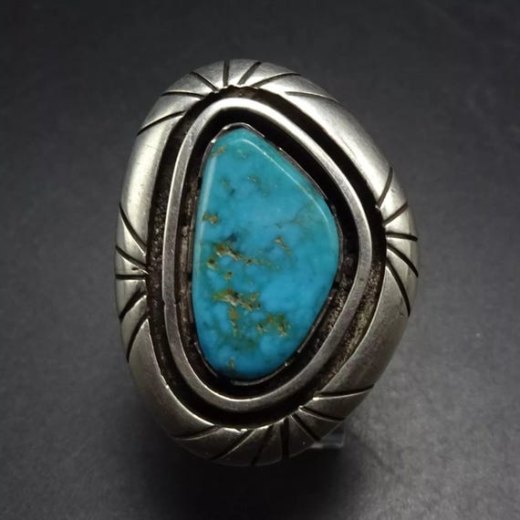 Huge Vintage Navajo 'Geometric Bezel' Turquoise Native American Jewelry Silver Ring Old Huge Vintage Navajo 'Geometric Bezel' Turquoise Native American Jewelry Silver Ring Old