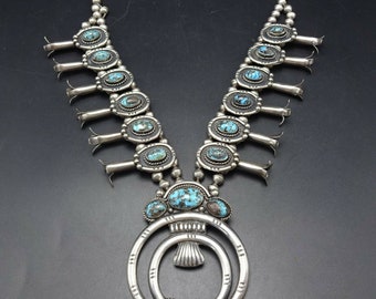 Vintage Sterling Silver High BLUE TURQUOISE Squash Blossom Necklace