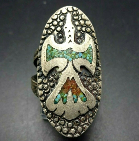William Singer Vintage Native American Navajo Turquoise Coral Inlay Bird Sterling Silver Ring William Singer Vintage Native American Navajo Turquoise Coral Inlay Bird Sterling Silver Ring