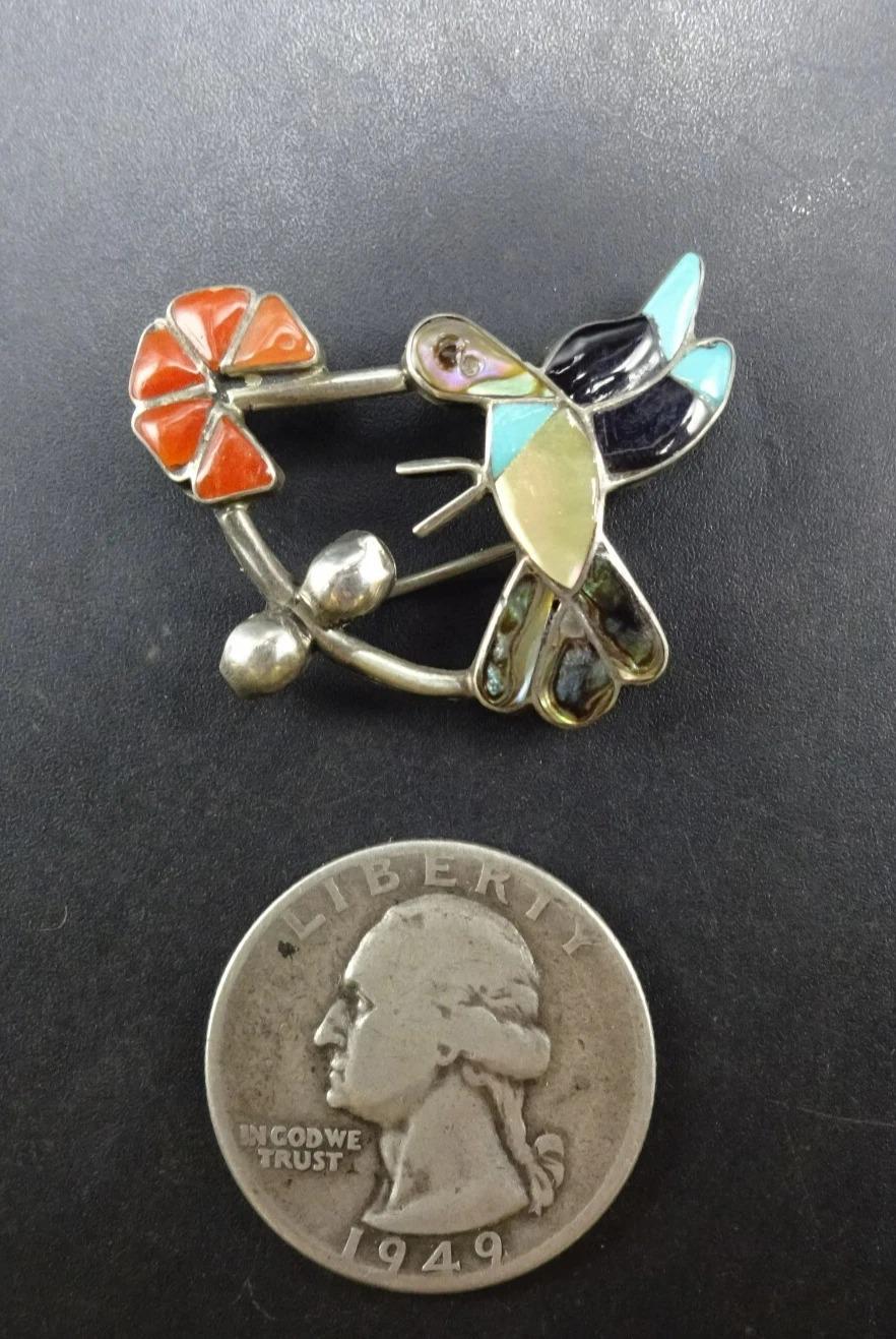 Vintage ZUNI Sterling Silver HUMMINGBIRD Pin/pendant Inlay of Turq