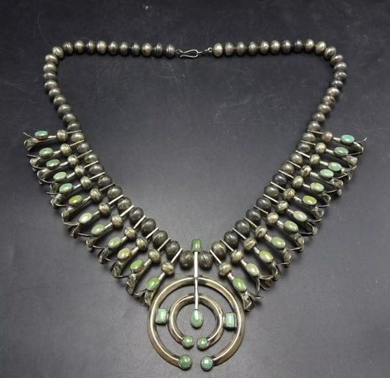 Old Pawn Coin Silver GREEN TURQUOISE Double Naja Squash Blossom NECKLACE Vintage View 3