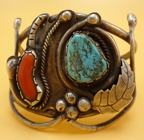 Vintage 1950s Sterling Silver CORAL & TURQUOISE C… - image 1