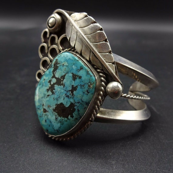 Heavy Vintage Sterling Silver and TURQUOISE Cuff … - image 9