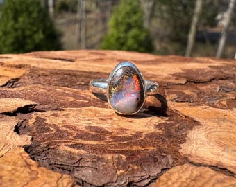 Rainbow Fire Boulder Opal Ring - Size 5
