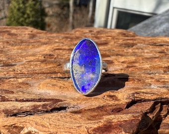 Beautiful Blue Holographic Boulder Opal Ring - Size 7