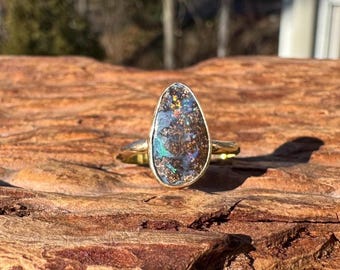 Rainbow Flash Boulder Opal Gold-filled Ring - Size 8.25