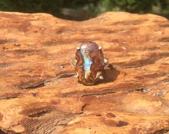 Amazing Rainbow Streak Boulder Opal Ring - Size 6