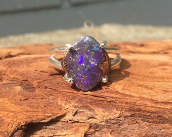 Deep Purple with Rainbow Sparkles Boulder Opal Ring - Size 7