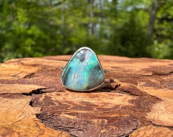 Green and Pink Flash Boulder Opal Ring - Size 6.5