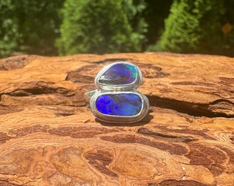 Mysterious Blue Flash Dual Boulder Opal Ring - Size 5.25