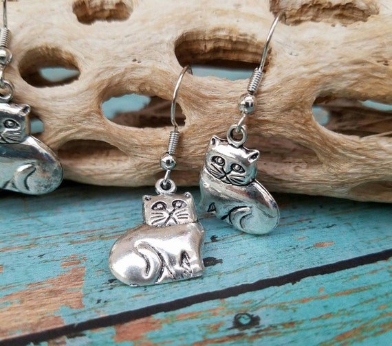 Handmade Pair of Fat Cats Silver Tone Earrings. Dangle Nickel Free Sheppard's Hook Ear Wire Earrings