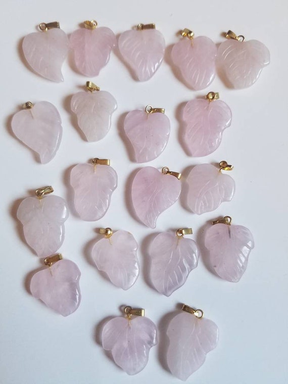 Handcarved Rose Quartz Leaf Pendants. Rose Quartz Leaves. Gold Tone or Silver Tone Bails. New, Old Stock Vintage Rose Quartz. BOGO Free