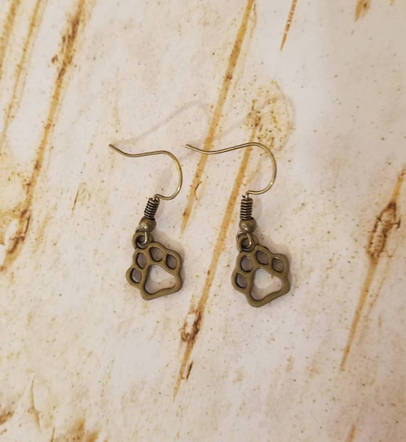 Antique Bronze Tone Paw Print Earrings for Cat and Dog Lovers with Antique Bronze Vintage Brass French Ear Wires. Buy Earrings, Feed A Cat!