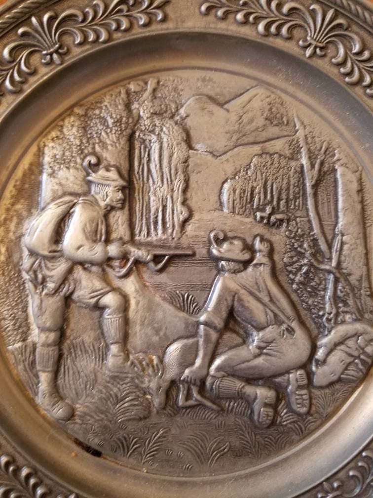 Vintage Decorative German Zinn Pewter Plate with Angel Makers Mark