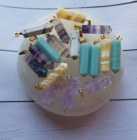 Obelisk Natural Healing Stone Single Termination Point Pendants: Amethyst, Obsidian, White Howlite, Yellow Banded Onyx, Rainbow Fluorite