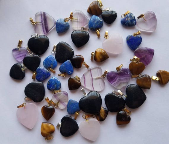 Hand Carved Heart Healing Stone Hearts. Lapis Lazuli, Tigers Eye, Rainbow Fluorite Heart Pendants. Small to Medium Sizes.