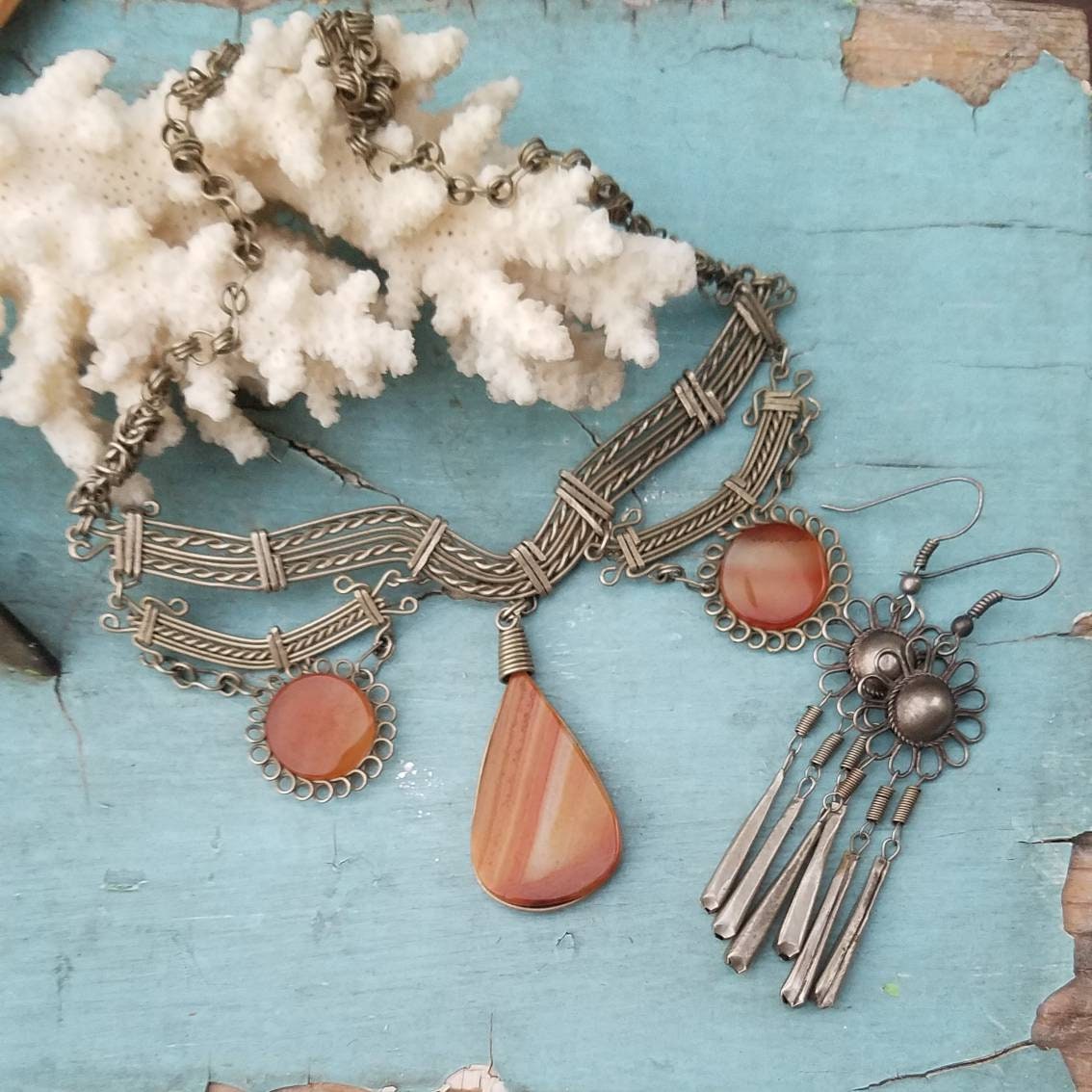 1960s Vintage Indian Hippie Jewelry Lot. Silver Tone Filigree Brown