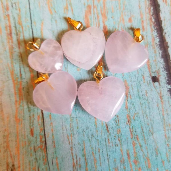 Rose Quartz Heart Pendant with Gold Bail. Small Pink Quartz Puffy Heart Charm. Dainty Rose Quartz Pendants. Rose Quartz Heart Gold Necklace